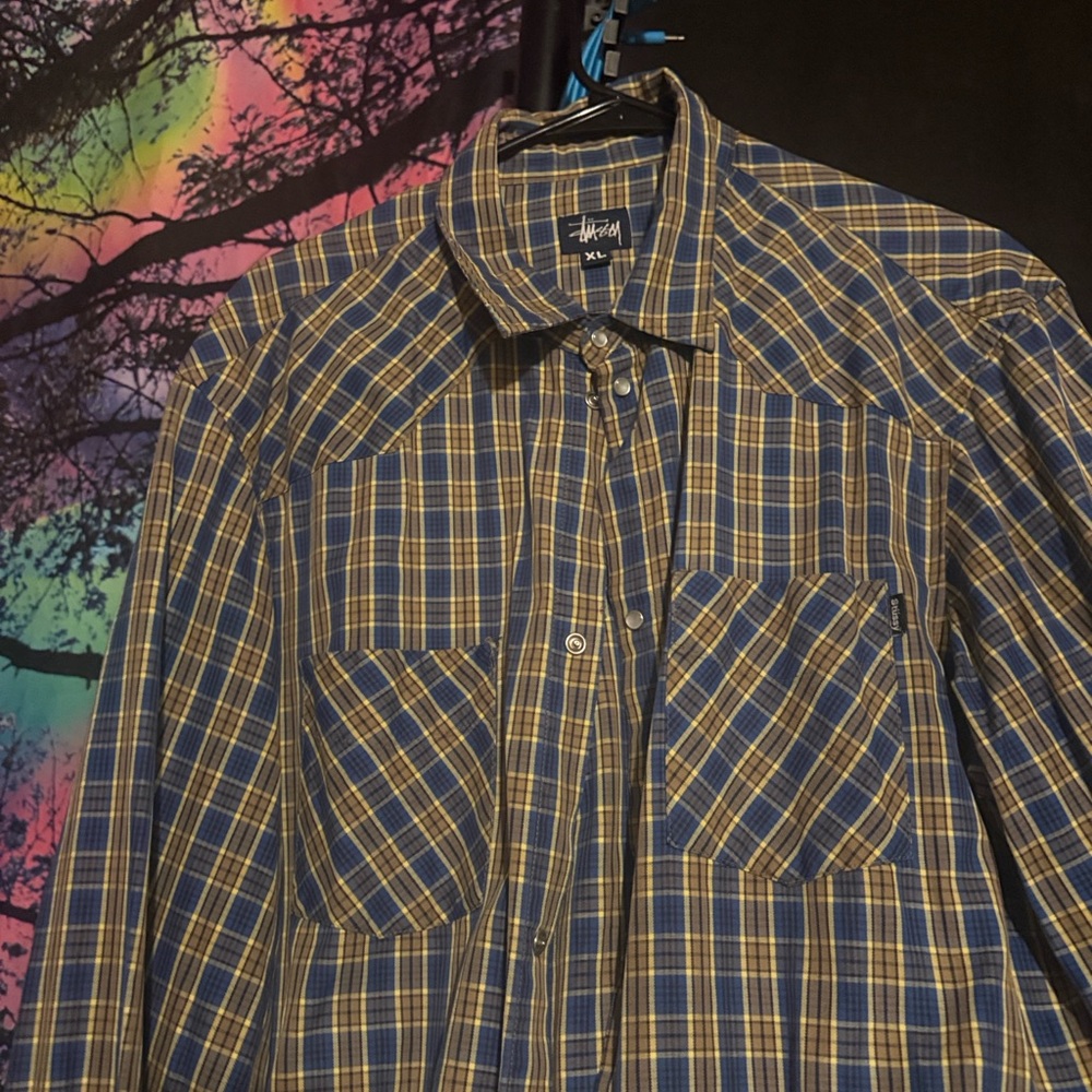 Stussy Blue and Yellow Plaid Casual Button Down Shirt